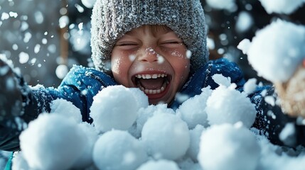 A cheerful young boy is joyfully playing in the snow, throwing snowballs and laughing, capturing the essence of childhood happiness and the joys of winter outings.