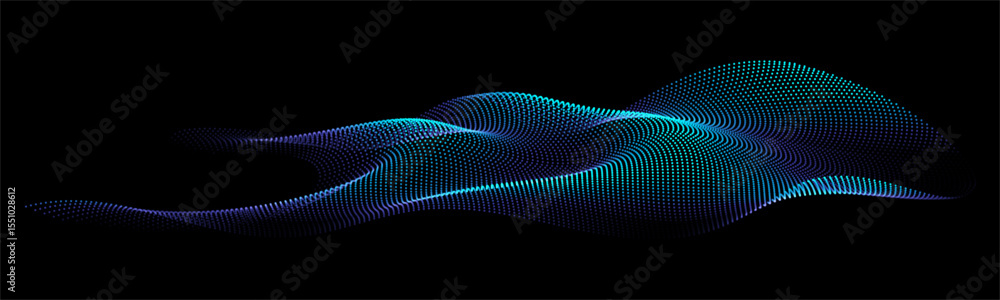 Poster flowing dots particles wave pattern 3d curve halftone blue green gradient curve shape isolated on bl