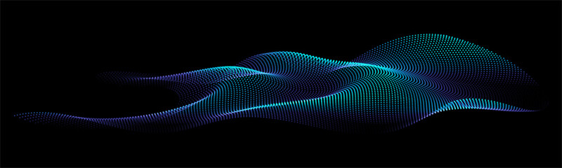 Flowing dots particles wave pattern 3D curve halftone blue green gradient curve shape isolated on black background. Vector in concept of technology, science, music, modern.