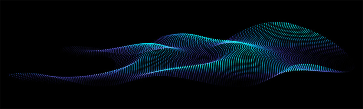 Flowing dots particles wave pattern 3D curve halftone blue green gradient curve shape isolated on black background. Vector in concept of technology, science, music, modern.
