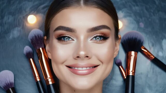 Young woman applying makeup with brush on face