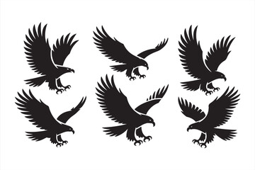 Bold eagle vector silhouettes in flight and perched