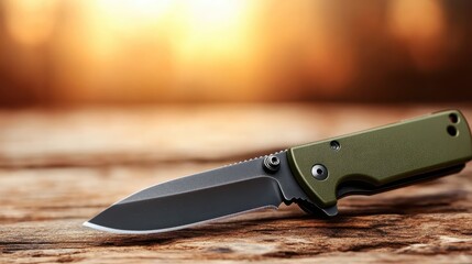 A close-up shot of a sharp, tactical knife displayed on a rustic wooden surface, highlighting its sleek design and craftsmanship against a softly blurred sunset background.