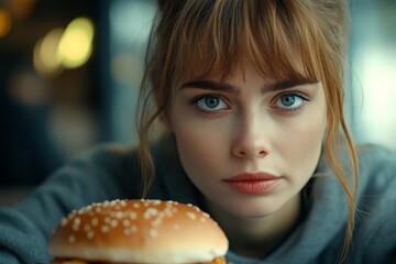 Limiting fat intake for health: Woman rejecting fast food during a diet session aimed at weight loss, Generative AI