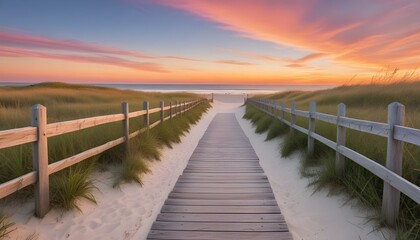 Obraz premium A beautiful sunset over a wooden walkway on a sandy beach.