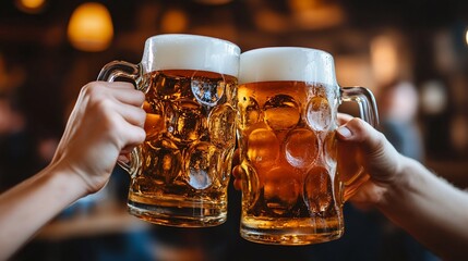 Cheers to Friendship: Two Hands Clinking Beer Mugs in Celebration