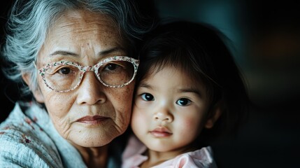 A touching moment captured between a grandmother and her grandchild, showcasing love and connection amidst a soft, warm background that creates an intimate atmosphere.