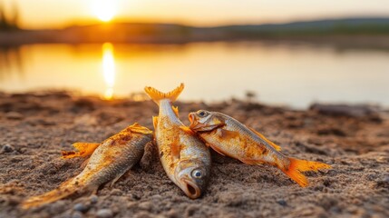 Three freshly caught golden fish displayed on a sandy shore under the warm glow of a setting sun, capturing the tranquility of nature and the rewards of a day spent fishing.