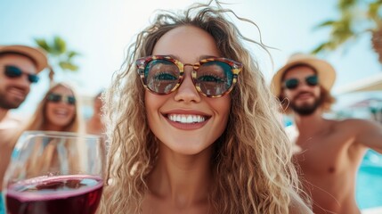 This vibrant image captures a joyful woman taking a selfie with friends at a sunny poolside, showcasing the fun atmosphere of friendship and summer celebrations.