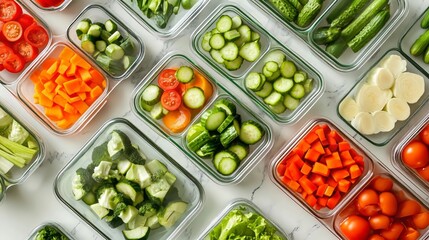 Colorful Chopped Vegetables in Glass Containers on White Background
