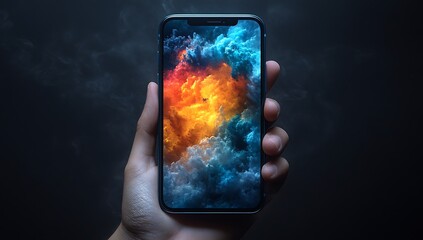 Hand holding smartphone with vibrant abstract wallpaper in reds and blues

