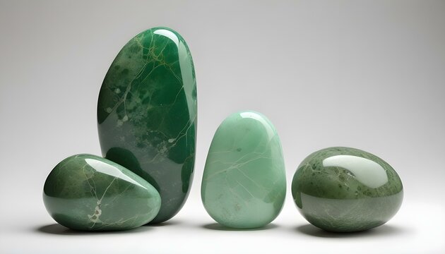 Four polished green gemstones displayed on a clean white surface.