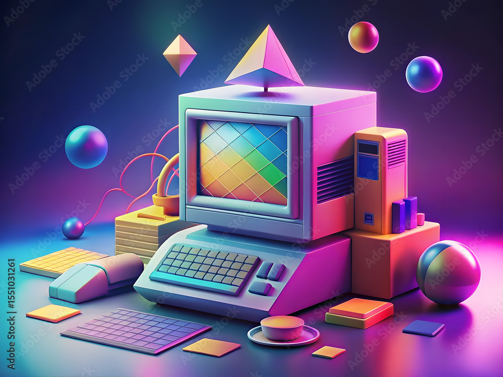 Fototapete abstract technology background depicting a computer network concept with a laptop, monitor, and desk