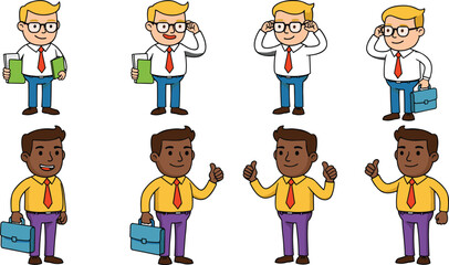 Cartoon business characters with glasses, books, and briefcases, professional office attire poses, thumbs up gesture, diverse employees teamwork concept flat illustration