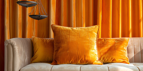 A cozy sofa with plush orange and yellow pillows, set against vibrant orange drapes