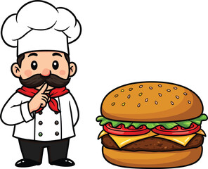 Cartoon chef character with moustache standing beside delicious hamburger, fast food illustration, cooking concept, kitchen cartoon vector, cute restaurant art, isolated design