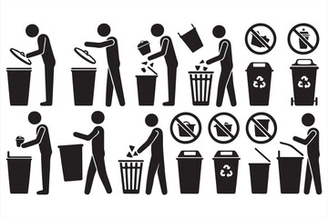 Waste disposal icons with bins and no littering symbols