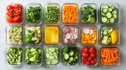 Colorful Vegetable Meal Prep in Glass Containers on Plain Background