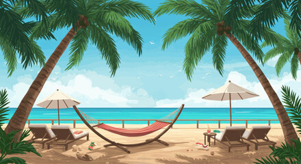 Flat lay vector illustration of tropical beach resort with palm trees, hammock, sun loungers, ocean view, and cocktail drinks under clear blue sky - summer holiday concept