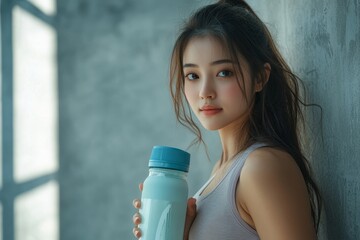 Diet meal replacement for weight loss: Asian young woman in sportswear preparing protein powder in a bottle after her workout, Generative AI