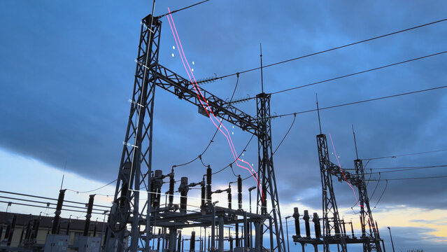 Electric power station with animated downtrend graph showing decline in energy distribution and output