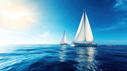 Obraz premium Two elegant sailboats glide gracefully across the sparkling blue waters under a vast sky, embodying freedom, adventure, and the beauty of nature at sea.