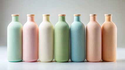 Pastel colored bottles with cork tops in a row