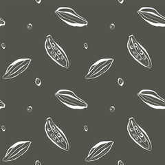 Seamless cardamom pattern with hand drawn outline pods and seeds on earthy olive background for packaging and textile