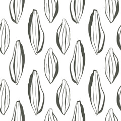 Seamless botanical pattern with green hand drawn linear pods on white background for packaging fabric and eco friendly branding