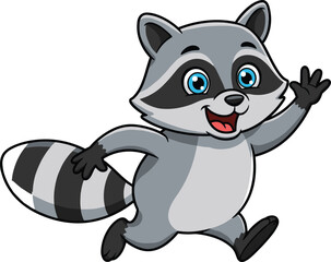 Cartoon raccoon character running, waving hand, smiling cute animal mascot illustration, forest wildlife design, happy face, kids content, fun style, playful expression