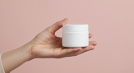 Hand holding white cosmetic jar mockup on pink background