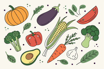 Hand drawn colorful vegetables and salad. Modern abstract minimal style. Healthy organic food. Tomatoes, onion, zucchini, eggplant, leek, potatoes, corn, peppers, beet. Vector flat illustration. 