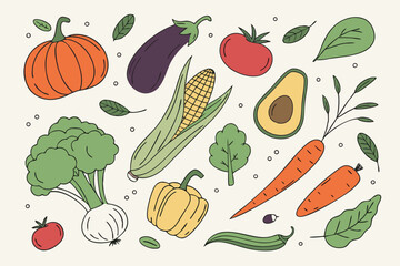 Hand drawn colorful vegetables and salad. Modern abstract minimal style. Healthy organic food. Tomatoes, onion, zucchini, eggplant, leek, potatoes, corn, peppers, beet. Vector flat illustration. 