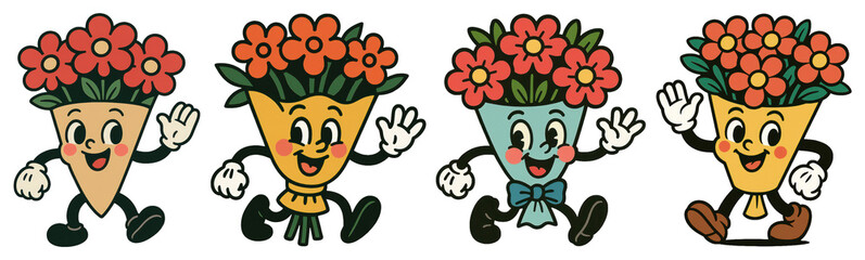 PNG Cheerful floral cartoon characters, element set on transparent background