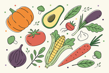 Hand drawn colorful vegetables and salad. Modern abstract minimal style. Healthy organic food. Tomatoes, onion, zucchini, eggplant, leek, potatoes, corn, peppers, beet. Vector flat illustration. 