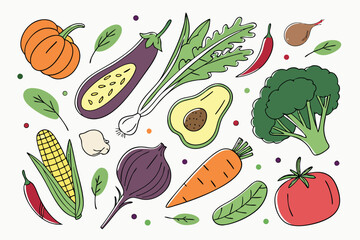 Hand drawn colorful vegetables and salad. Modern abstract minimal style. Healthy organic food. Tomatoes, onion, zucchini, eggplant, leek, potatoes, corn, peppers, beet. Vector flat illustration. 
