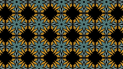 Seamless floral pattern with teal flowers and yellow accents on a black background design repeat