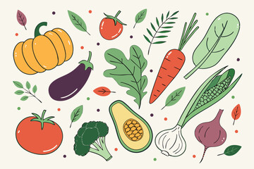 Hand drawn colorful vegetables and salad. Modern abstract minimal style. Healthy organic food. Tomatoes, onion, zucchini, eggplant, leek, potatoes, corn, peppers, beet. Vector flat illustration. 