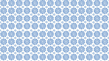 A repeating pattern of light blue floral shapes and diamond shapes on a white background surface design