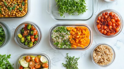 Healthy Chickpea Salad Bowls with Fresh Vegetables and Rice on Marble Background
