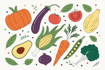 Hand drawn colorful vegetables and salad. Modern abstract minimal style. Healthy organic food. Tomatoes, onion, zucchini, eggplant, leek, potatoes, corn, peppers, beet. Vector flat illustration. 