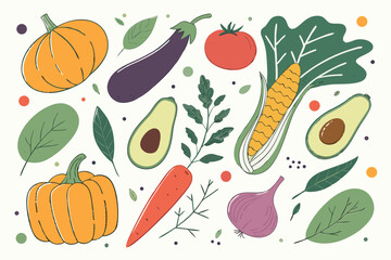 Hand drawn colorful vegetables and salad. Modern abstract minimal style. Healthy organic food. Tomatoes, onion, zucchini, eggplant, leek, potatoes, corn, peppers, beet. Vector flat illustration. 