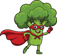 Cartoon superhero broccoli character with red cape, green healthy vegetable mascot running, funny food hero illustration, fitness concept, organic nutrition, vector art