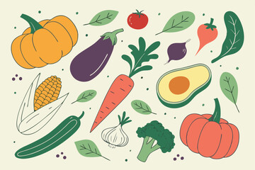 Hand drawn colorful vegetables and salad. Modern abstract minimal style. Healthy organic food. Tomatoes, onion, zucchini, eggplant, leek, potatoes, corn, peppers, beet. Vector flat illustration. 