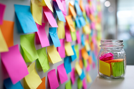Colorful post-it notes with ideas on a large team brainstorming wall n a small jar on white - Powered by Adobe