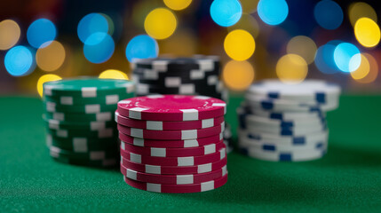 Stacks of colorful poker chips are arranged on a green felt table with festive, blurred lights in the background.
