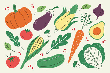 Hand drawn colorful vegetables and salad. Modern abstract minimal style. Healthy organic food. Tomatoes, onion, zucchini, eggplant, leek, potatoes, corn, peppers, beet. Vector flat illustration. 