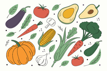 Hand drawn colorful vegetables and salad. Modern abstract minimal style. Healthy organic food. Tomatoes, onion, zucchini, eggplant, leek, potatoes, corn, peppers, beet. Vector flat illustration. 