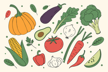 Hand drawn colorful vegetables and salad. Modern abstract minimal style. Healthy organic food. Tomatoes, onion, zucchini, eggplant, leek, potatoes, corn, peppers, beet. Vector flat illustration. 