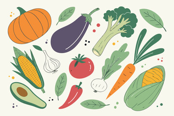 Hand drawn colorful vegetables and salad. Modern abstract minimal style. Healthy organic food. Tomatoes, onion, zucchini, eggplant, leek, potatoes, corn, peppers, beet. Vector flat illustration. 